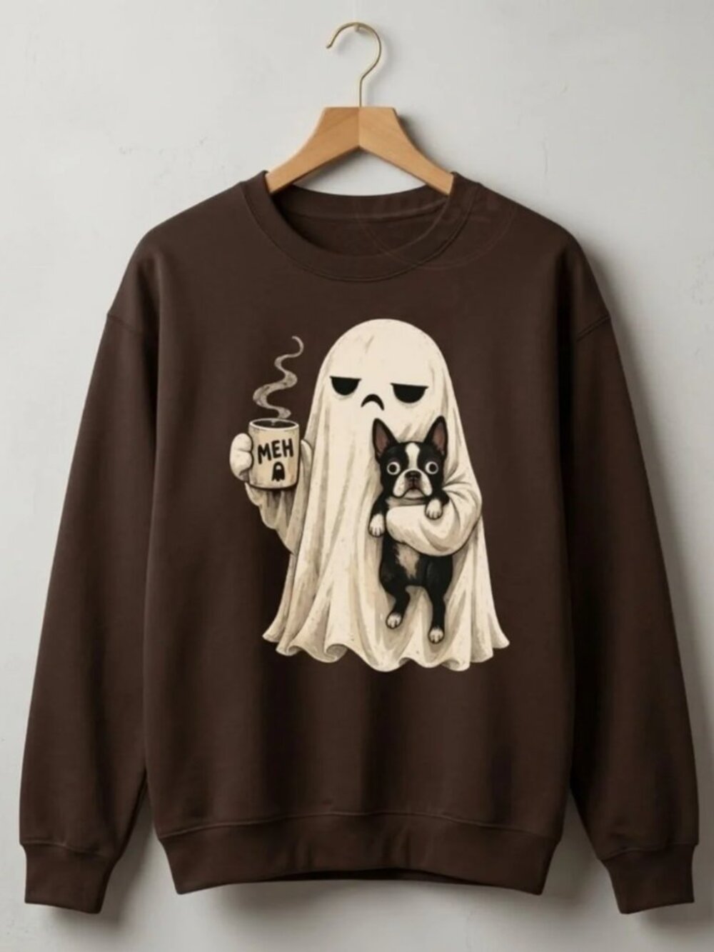 Halloween Sweatshirt Ghost Boston Terrier Coffee Meh Brown Size S-5XL for Hallow
